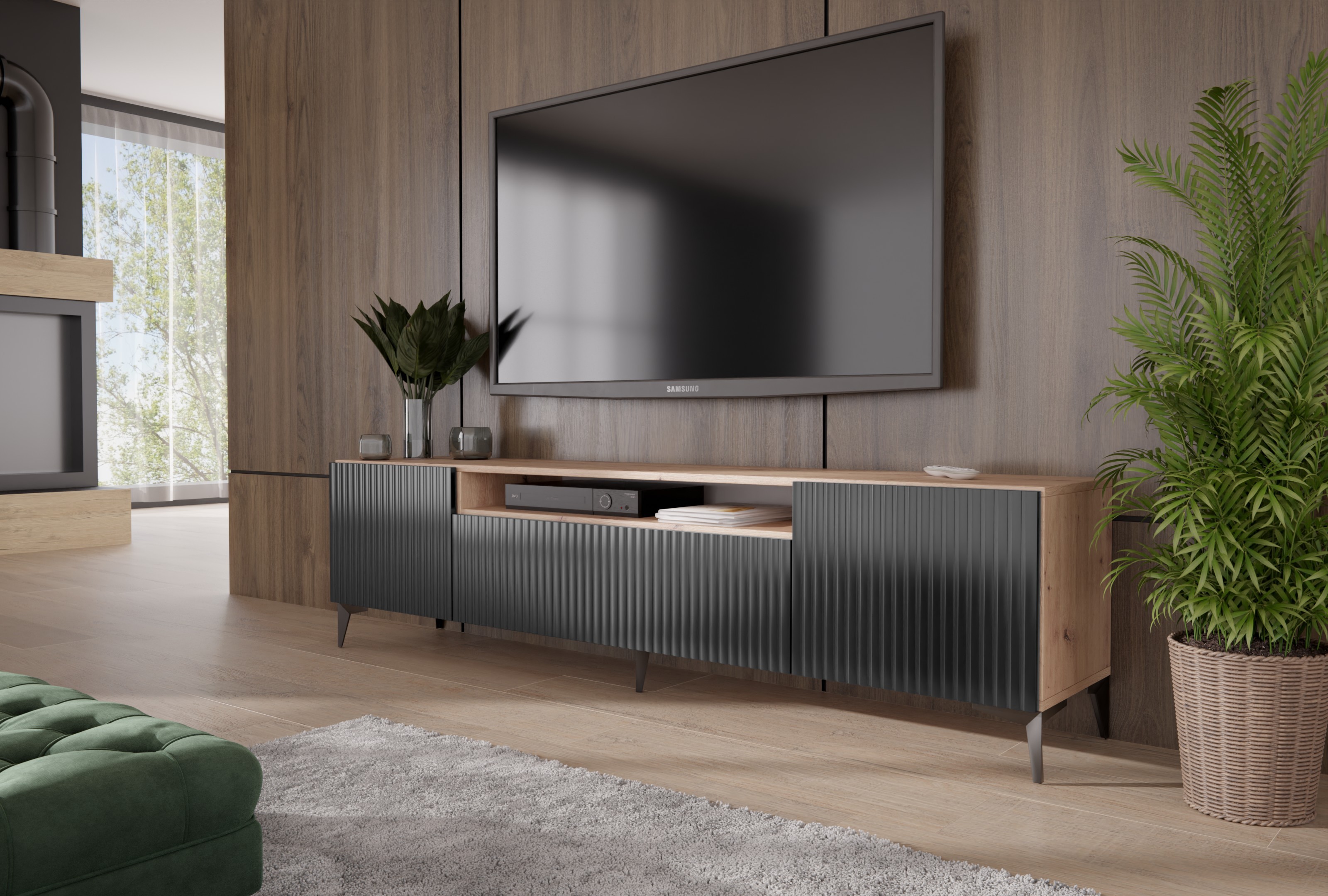 Szafka RTV Remo Dąb Artisan/Czarny Mat Frezowana stojąca noga gwiazda